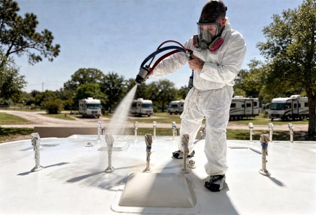 Heated plural-component spray lays down one continuous membrane.